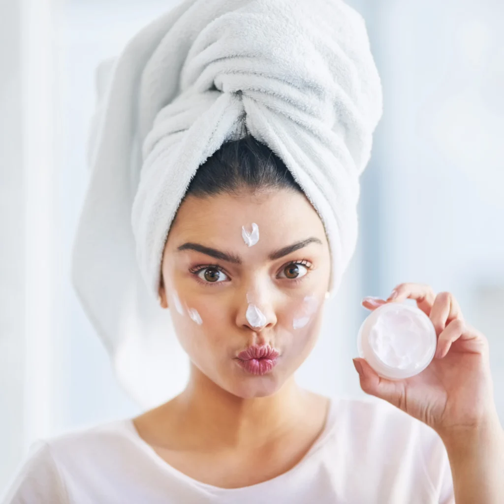 From Cleanser to Moisturizer Build Your Skincare Routine - beauty lotion pout with portrait woman bathroom home morning skincare routine cream nose product with face playful person towel apartment cosmetics dermatology - Online shopping in Sri Lanka
