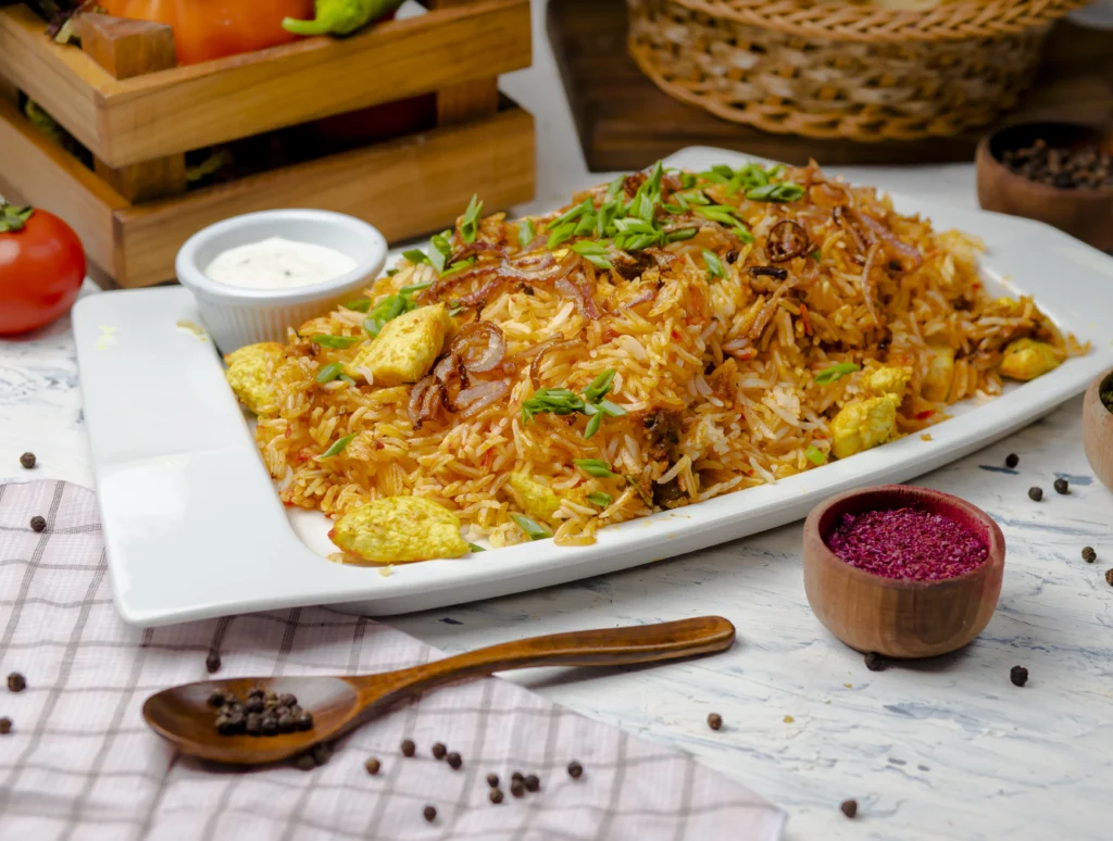 chicken breast tomato sauce rice risotto plov with herbs yogurt sumakh white plate - Online shopping in Sri Lanka
